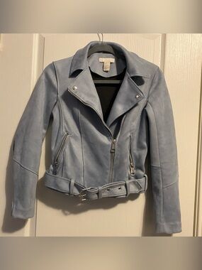 H&M Light Blue Suede Moto Jacket with Belt